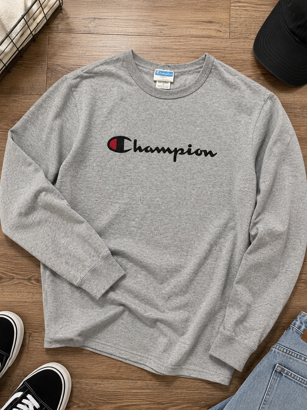 Champion Vintage 70s Logo Long Sleeve Shirt Gray Mens Large Cotton Blend